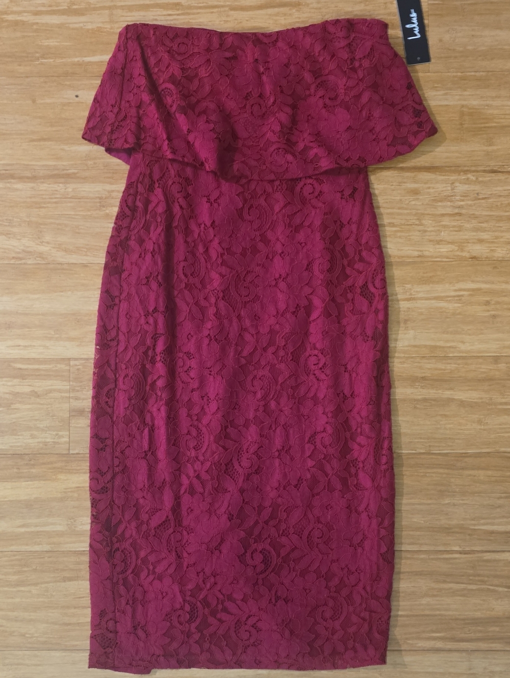 Lulu's Strapless Burgundy Lace Midi Dress